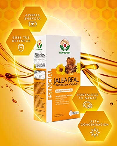 ERVANARIA Jalea Real con Propóleo y vitamina C, 30 Viales, alta concentración, reduce el cansancio y la fatiga, refuerza el sistema inmunológico, potencia tu mente, mejora tu memoria, aporta energía