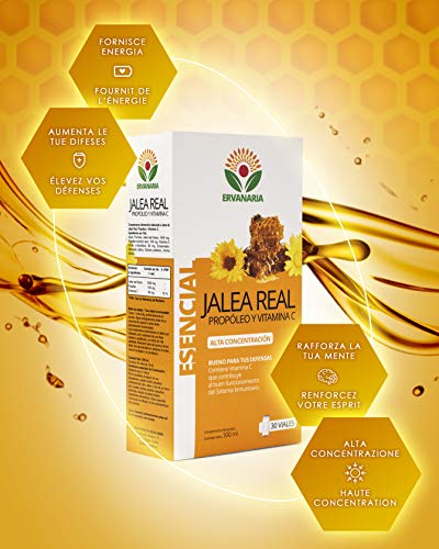 ERVANARIA Jalea Real con Propóleo y vitamina C, 30 Viales, alta concentración, reduce el cansancio y la fatiga, refuerza el sistema inmunológico, potencia tu mente, mejora tu memoria, aporta energía