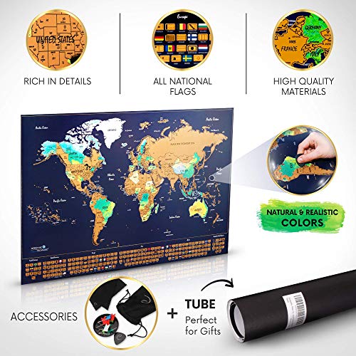 Escapades Mapa Mundi rascar XXL, edición Original con Las Banderas de Todos los países. El Regalo Ideal para los viajeros. Tamaño Grande: 69x44 cm + Accesorios Gratis