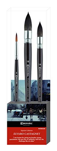 ESCODA Set 3 Pinceles Acuarela - N.8 Redondo Punta N.14,18 Mop Pelo Sintético Set 2 Alvaro Castagent Serie Prado Ultimo Profesional Brochas Fabricado a Mano en España.