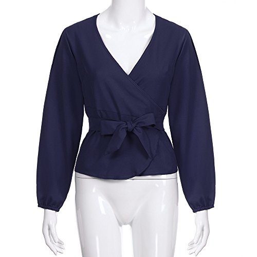 Escote en v Mujer, Covermason Blusa Manga Larga con Cuello en v Manga Larga para Mujer(46,Azul Oscuro)