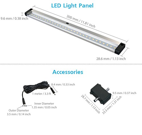 EShine barra de luz LED (longitud 30 cm) - con sensor de infrarrojos - Control de brillo sin contacto - con accesorios (fuente de alimentación no incluida), Blanco Cálido (3000K)