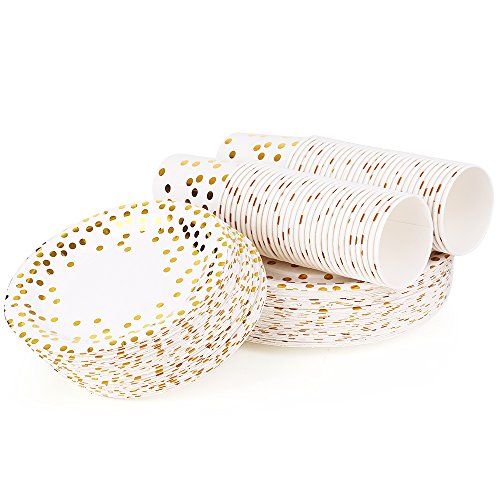 esonmus Vajilla Desechable 180 Piezas （60pcs 9oz Paper Cups + 60pcs 7" Bandeja de Papel + 60pcs 9" Platos de Postre） Lunares Dorados Platos Redondos Copas para Bebidas Platos de Cena