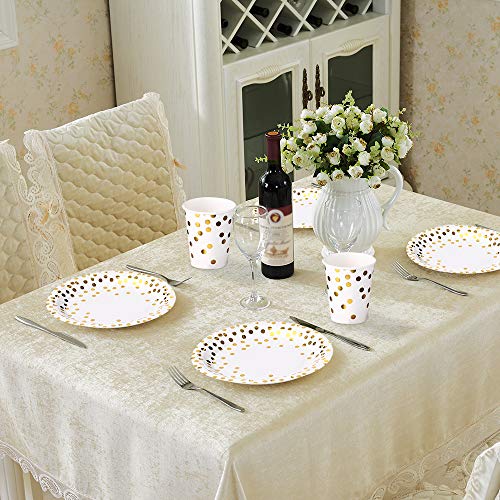 esonmus Vajilla Desechable 180 Piezas （60pcs 9oz Paper Cups + 60pcs 7" Bandeja de Papel + 60pcs 9" Platos de Postre） Lunares Dorados Platos Redondos Copas para Bebidas Platos de Cena