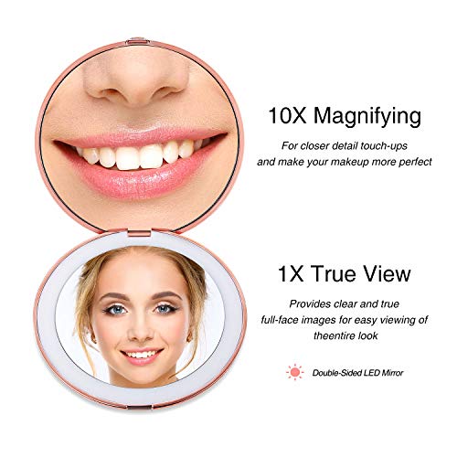 Espejo de bolsillo Mini Espejo de Maquillaje con Luz LED, Aumento 1X / 10X Espejo de Maquillaje Espejo Cosmético Portátil Espejo Compacto Iluminado a Doble Cara para Llevar (oro rosa)