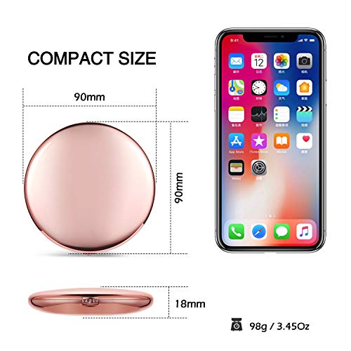 Espejo de bolsillo Mini Espejo de Maquillaje con Luz LED, Aumento 1X / 10X Espejo de Maquillaje Espejo Cosmético Portátil Espejo Compacto Iluminado a Doble Cara para Llevar (oro rosa)