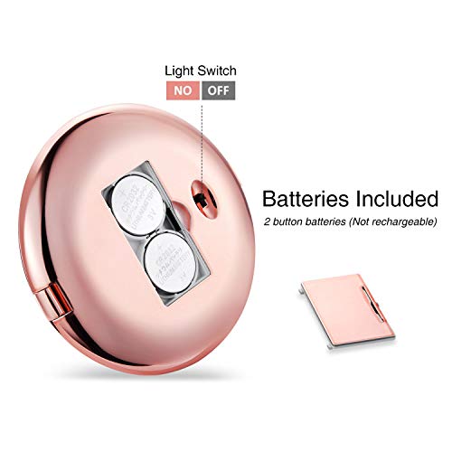 Espejo de bolsillo Mini Espejo de Maquillaje con Luz LED, Aumento 1X / 10X Espejo de Maquillaje Espejo Cosmético Portátil Espejo Compacto Iluminado a Doble Cara para Llevar (oro rosa)