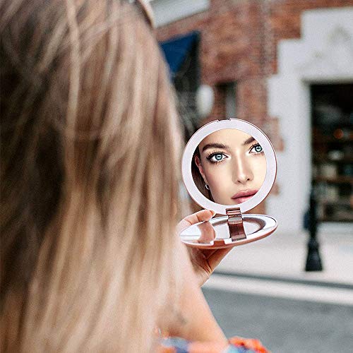Espejo de bolsillo Mini Espejo de Maquillaje con Luz LED, Aumento 1X / 10X Espejo de Maquillaje Espejo Cosmético Portátil Espejo Compacto Iluminado a Doble Cara para Llevar (oro rosa)