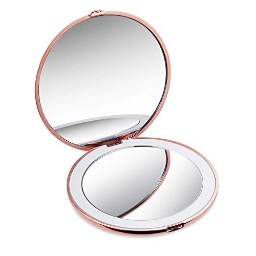 Espejo de bolsillo Mini Espejo de Maquillaje con Luz LED, Aumento 1X / 10X Espejo de Maquillaje Espejo Cosmético Portátil Espejo Compacto Iluminado a Doble Cara para Llevar (oro rosa)