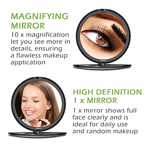 Espejo de Bolsillo, [Regalos Originales] HAMSWAN Espejo Portátil de Maquillaje Con Aumentos 10X, Espejo de Mano, Espejos Dobles de Mano, Espejos Pequeños Mirror Makup para Viaje, Mano, Bolsa y Regalos