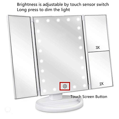 Espejo de Maquillaje con LED, Natural Iluminado Espejo de Mesa Luz con Ampliación 1X / 2X / 3X Plegable Espejo de la Vanidad Rotación 180° Pantalla Táctil Espejo Cosmético para Hombre y Mujer