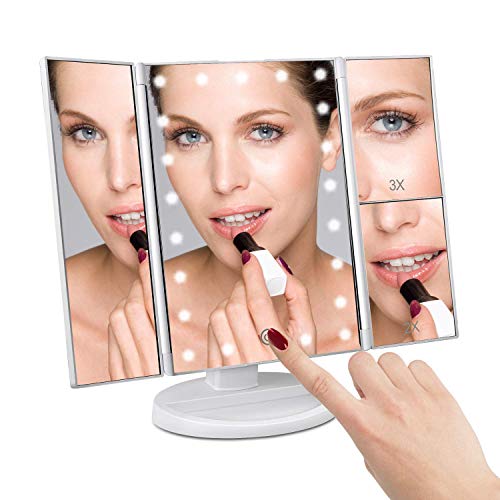 Espejo de Maquillaje con LED, Natural Iluminado Espejo de Mesa Luz con Ampliación 1X / 2X / 3X Plegable Espejo de la Vanidad Rotación 180° Pantalla Táctil Espejo Cosmético para Hombre y Mujer