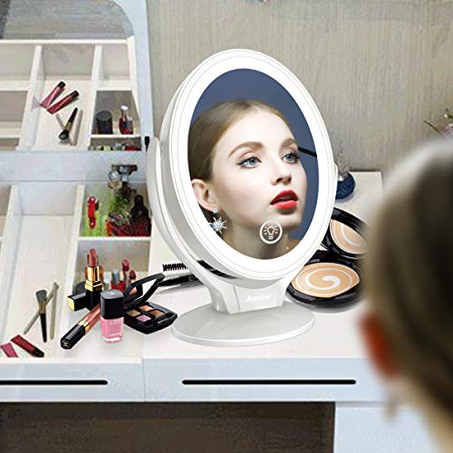 Espejo de Maquillaje de Doble Cara con Luces LED, Espejo Maquillaje de Aumento 1x/7x con Rotación de 360°, Pantalla Táctil Ajustable de Brillo, Recargable, Espejo iluminador Portátil para Viajes