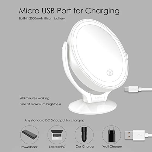 Espejo de Maquillaje de Doble Cara con Luces LED, Espejo Maquillaje de Aumento 1x/7x con Rotación de 360°, Pantalla Táctil Ajustable de Brillo, Recargable, Espejo iluminador Portátil para Viajes