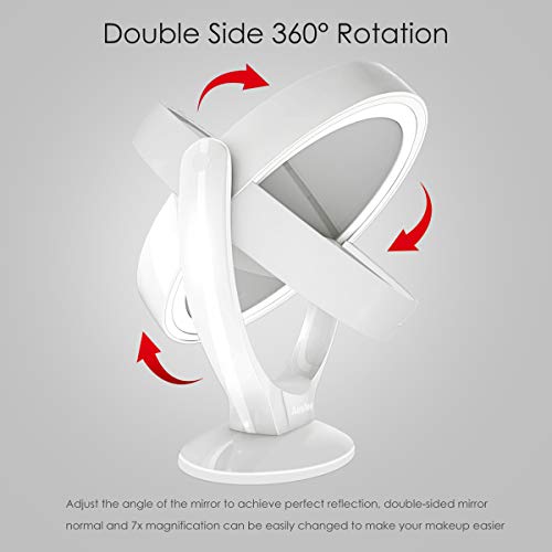 Espejo de Maquillaje de Doble Cara con Luces LED, Espejo Maquillaje de Aumento 1x/7x con Rotación de 360°, Pantalla Táctil Ajustable de Brillo, Recargable, Espejo iluminador Portátil para Viajes
