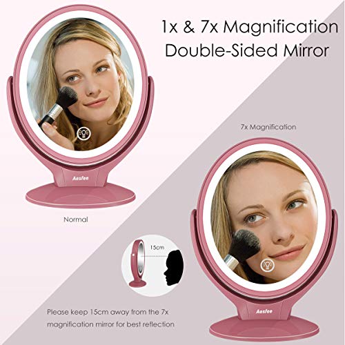 Espejo de Maquillaje de Doble Cara con Luces LED, Espejo Maquillaje de Aumento 1x/7x con Rotación de 360°,Pantalla Táctil Ajustable de Brillo,Recargable,Espejo iluminador Portátil para Viajes