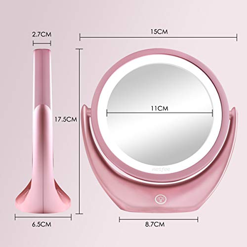 Espejo de Maquillaje de Doble Cara con luz LED, 5X de Aumento Espejo Cosmético con Interruptor Táctil de Brillo Ajustable. Espejo de Viaje Iluminado Portátil, 360° de Rotación …