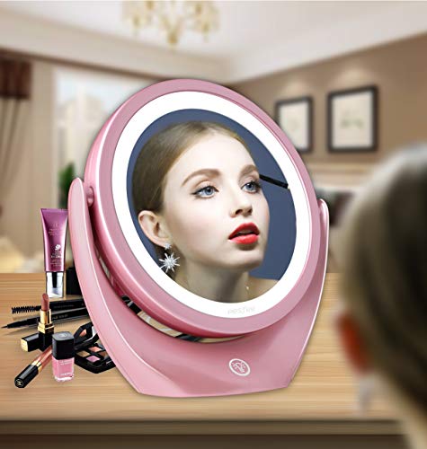 Espejo de Maquillaje de Doble Cara con luz LED, 5X de Aumento Espejo Cosmético con Interruptor Táctil de Brillo Ajustable. Espejo de Viaje Iluminado Portátil, 360° de Rotación …