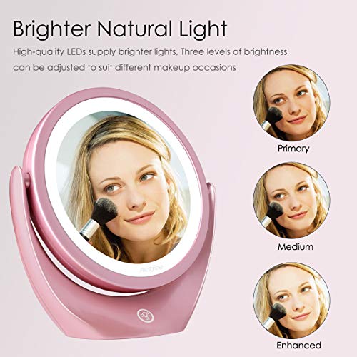 Espejo de Maquillaje de Doble Cara con luz LED, 5X de Aumento Espejo Cosmético con Interruptor Táctil de Brillo Ajustable. Espejo de Viaje Iluminado Portátil, 360° de Rotación …