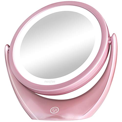 Espejo de Maquillaje de Doble Cara con luz LED, 5X de Aumento Espejo Cosmético con Interruptor Táctil de Brillo Ajustable. Espejo de Viaje Iluminado Portátil, 360° de Rotación …