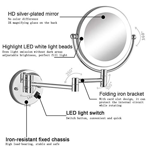Espejo de Maquillaje de Pared, Espejo LED de Aumento de Doble Cara, Espejo de BañO, Giratorio de 360 ​​° Y Extensible, Espejo de Afeitar con Enchufe/Cableado/Plata/Plug/in