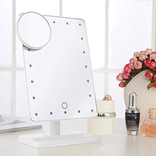 Espejo de maquillaje de tamaño grande con luz 20 LED 1x/10x Lupa 360 ° giro libre rotación espejo de mesa iluminado pantalla táctil