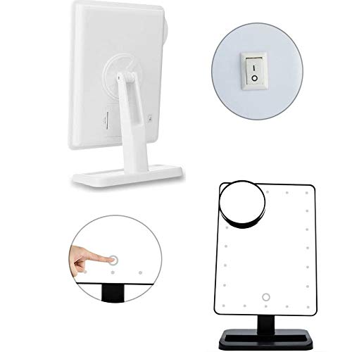 Espejo de maquillaje de tamaño grande con luz 20 LED 1x/10x Lupa 360 ° giro libre rotación espejo de mesa iluminado pantalla táctil