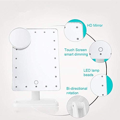Espejo de maquillaje de tamaño grande con luz 20 LED 1x/10x Lupa 360 ° giro libre rotación espejo de mesa iluminado pantalla táctil