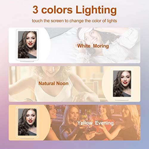 Espejo Maquillaje con Luz 3 Modos Iluminación Colores con Soporte Teléfono, Aumento 10x, Inalámbrico Espejo de Vanidad, Espejo Colgante de Doble Suministro,Espejo de Escritorio con luz Táctil
