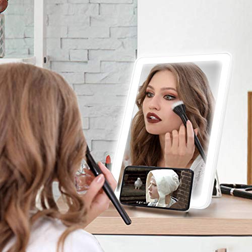 Espejo Maquillaje con Luz 3 Modos Iluminación Colores con Soporte Teléfono, Aumento 10x, Inalámbrico Espejo de Vanidad, Espejo Colgante de Doble Suministro,Espejo de Escritorio con luz Táctil