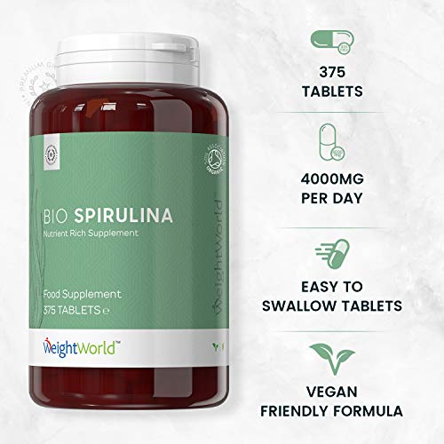 Espirulina Ecológica Comprimidos Dosis Alta 4000mg 375 Comprimidos | Antioxidante Potente, Mejora Colesterol, Suplemento Para Adelgazar Con Efecto Saciante y Detox, Rico en Vitaminas y Minerales