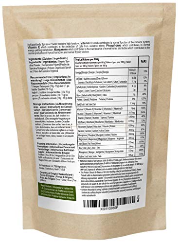 Espirulina En Polvo Orgánico 200g, MySuperFoods, Repletas de proteína, calcio y vitaminas, Rica en nutrientes, la mejor calidad disponible, certificado como producto orgánico por el Soil Association