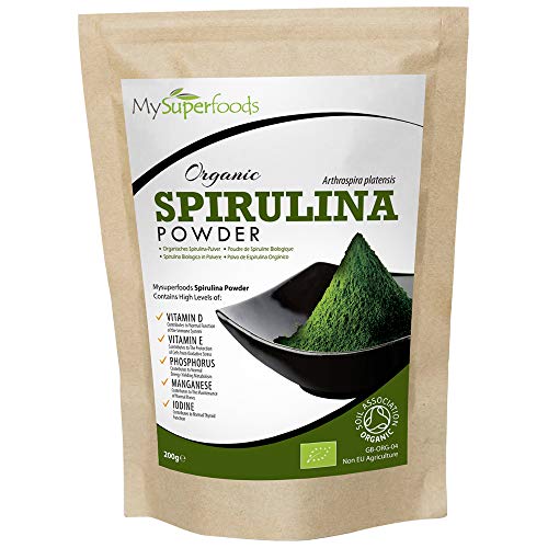 Espirulina En Polvo Orgánico 200g, MySuperFoods, Repletas de proteína, calcio y vitaminas, Rica en nutrientes, la mejor calidad disponible, certificado como producto orgánico por el Soil Association