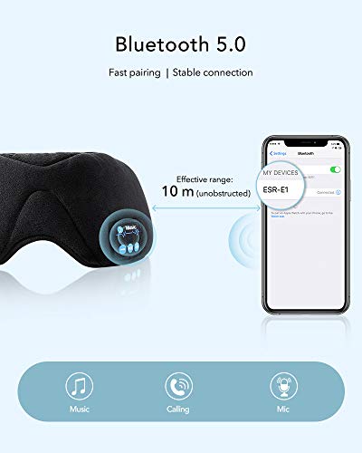 ESR Antifaz para Dormir con Auriculares Bluetooth 5.0, Máscara 3D de ojos con Altavoces Estéreo Ultrafinos HD, Diadema lavable y ajustable, para Deportes, Sueño, Siesta, Yoga y Viajes Aéreos, Negro