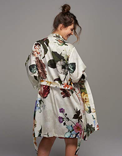 ESSENZA - Kimono de flores de peonías con tulipanes de algodón satinado, color blanco, M