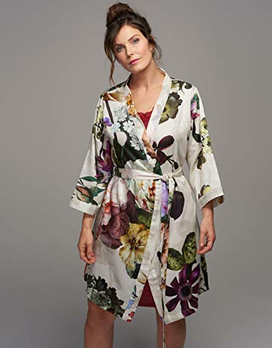ESSENZA - Kimono de flores de peonías con tulipanes de algodón satinado, color blanco, M