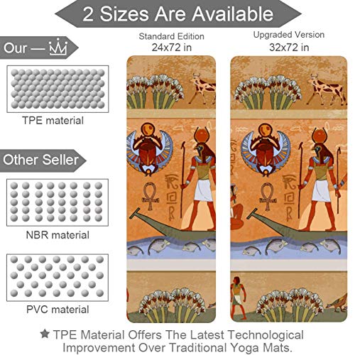 Esterilla de yoga antideslizante de arte egipcio antiguo extra gruesa para ejercicios y fitness para todo tipo de pilates en el suelo con correa de transporte y bolsa (182,9 x 61 x 6 mm)
