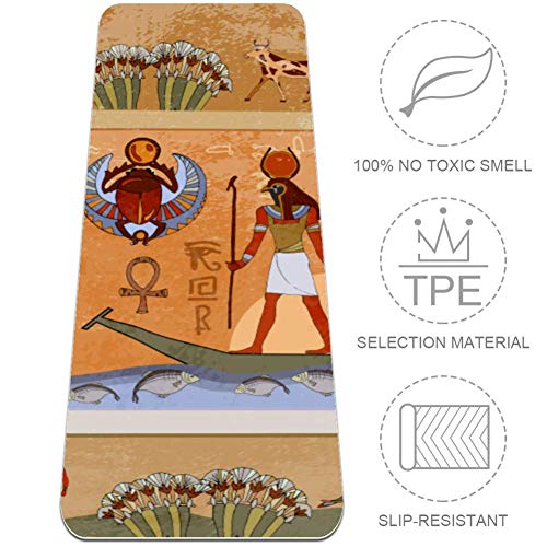 Esterilla de yoga antideslizante de arte egipcio antiguo extra gruesa para ejercicios y fitness para todo tipo de pilates en el suelo con correa de transporte y bolsa (182,9 x 61 x 6 mm)