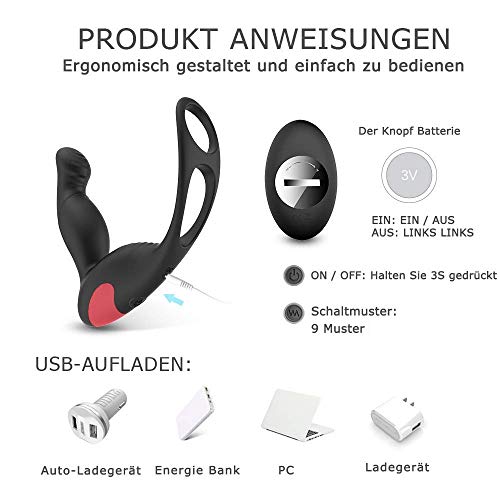 Estimulador de Próstata con Anillo, Control Remoto de Silicona Aparatos de Masaje de Próstata, 9 Velocidades Recargable Impermeable de Punto G hombres, Masajeador de Próstata