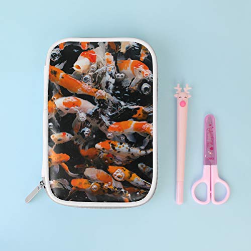 Estuche de lápices Bolso cosmético de cuero Organizador japonés de peces de carpa Koi de lujo Gran capacidad para la escuela de viajes