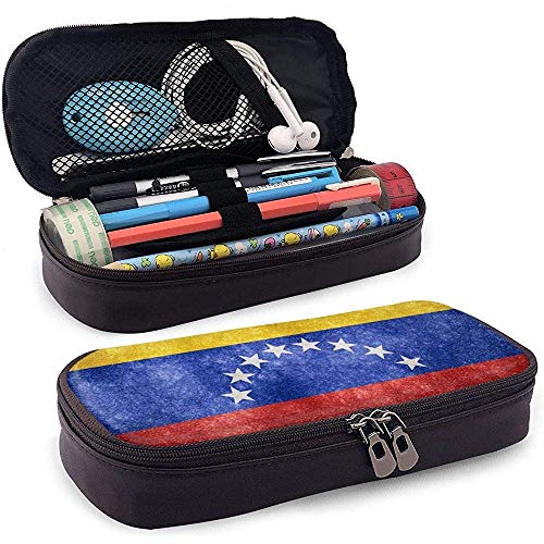 Estuche de lápices de cuero de alta capacidad con bandera de Venezuela Estuche de lápices Estuche de papelería Organizador de caja Organizador Marker Pen Bolso de cosméticos portátil