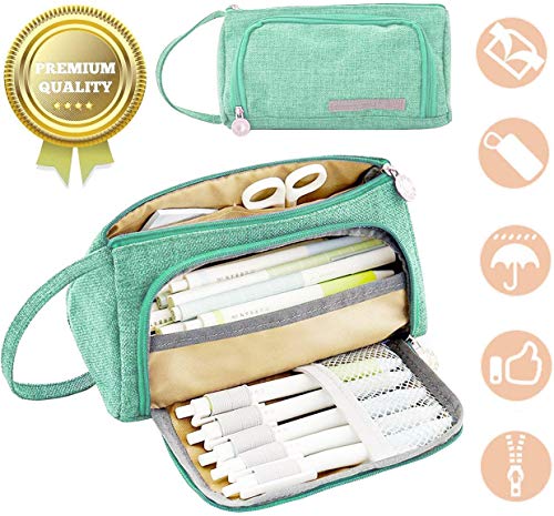 Estuche de lápices de lino de gran capacidad,Caja Case con Cremallera de Escolar,Estuche de lápices con 3 Compartimento para Niños Adolescente,Estuches Algodón y Lino Lápiz Cosmética (verde)