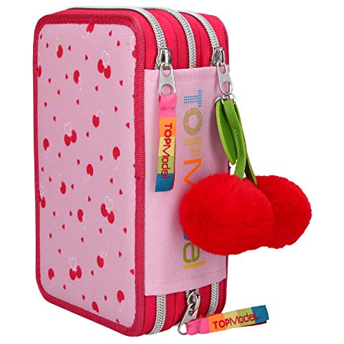 Estuche Depesche 10991 con 3 cremalleras y lápices de Lyra, topModel Cherry Bomb, rosa, aprox. 7,5 x 13 x 20 cm.
