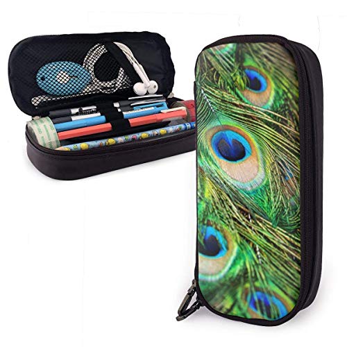 Estuche Escolar de Gran Capacidad, Bolsa de Lápiz Organizador para Material Papelería con Cremallera Doble Plumas de pavo real verdes coloridas para Hombre Mujer Estudiante en Escuela Oficina