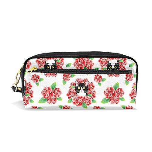 Estuche organizador de cosméticos Bolsa de almacenamiento portátil con cremallera para viajes Estuche para lápices de maquillaje Estuche para bolígrafos Esmoquin Gato y rosas ^ W7