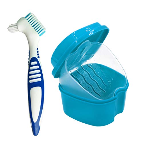 Estuche para Dentadura, Caja para Baño de Dentadura para Taza de Dentadura con Cepillo de Limpieza (Color Aleatorio), Baño para Dentadura para Limpieza de Retenedores (Azul)
