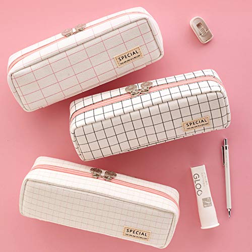 Estuche para lápices de cuadrícula con 3 compartimentos, bolsa para lápices, 2 cremalleras, para maquillaje, artículos de papelería y suministros escolares