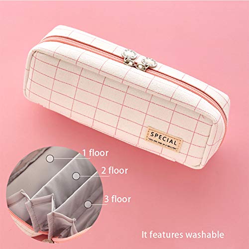Estuche para lápices de cuadrícula con 3 compartimentos, bolsa para lápices, 2 cremalleras, para maquillaje, artículos de papelería y suministros escolares