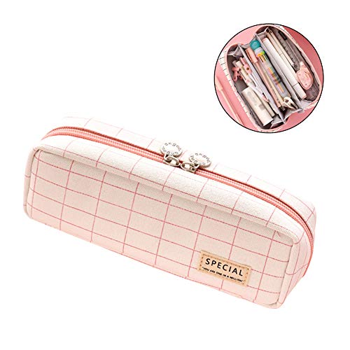 Estuche para lápices de cuadrícula con 3 compartimentos, bolsa para lápices, 2 cremalleras, para maquillaje, artículos de papelería y suministros escolares