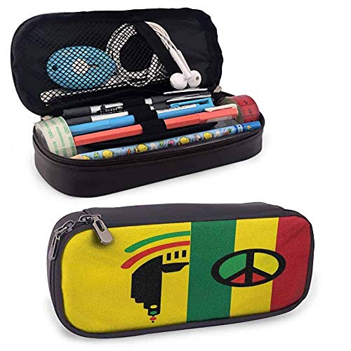 Estuche para lápices de cuero Rasta con cremallera Iconic Barret Reggae y cultura musical jamaicana con símbolo de la paz y bordes